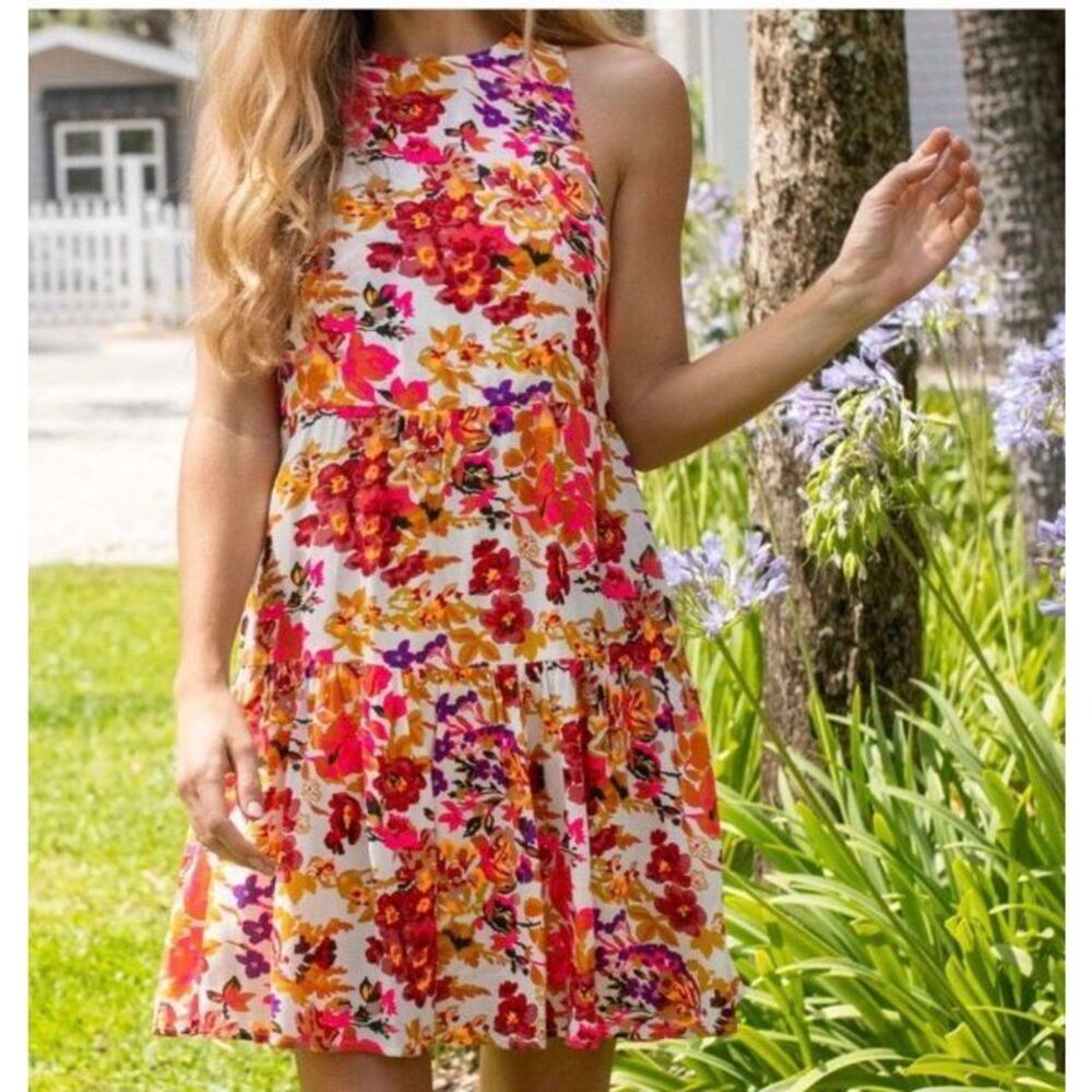 NATURAL LIFE Floral Mini Dress in White with Pink, Red & Orange Flowers